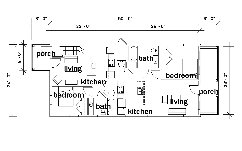 Floor plan of the first floor of a two-story building with labeled rooms and dimensions, designed by KUA