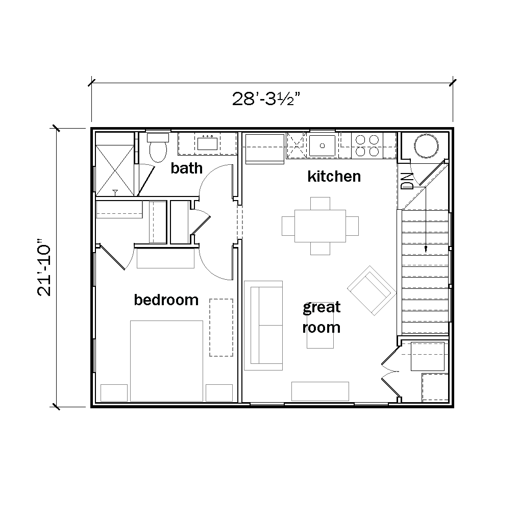 Floor plan of the second story with labeled bedroom, greatroom, kitchen, bath, and dimensions, featuring 'flintlocklab' branding.