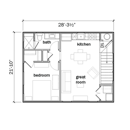 Floor plan of the second story with labeled bedroom, greatroom, kitchen, bath, and dimensions, featuring 'flintlocklab' branding.
