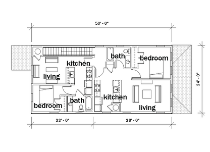 Floor plan of the second story of a two-story building with labeled rooms and dimensions, designed by KUA.