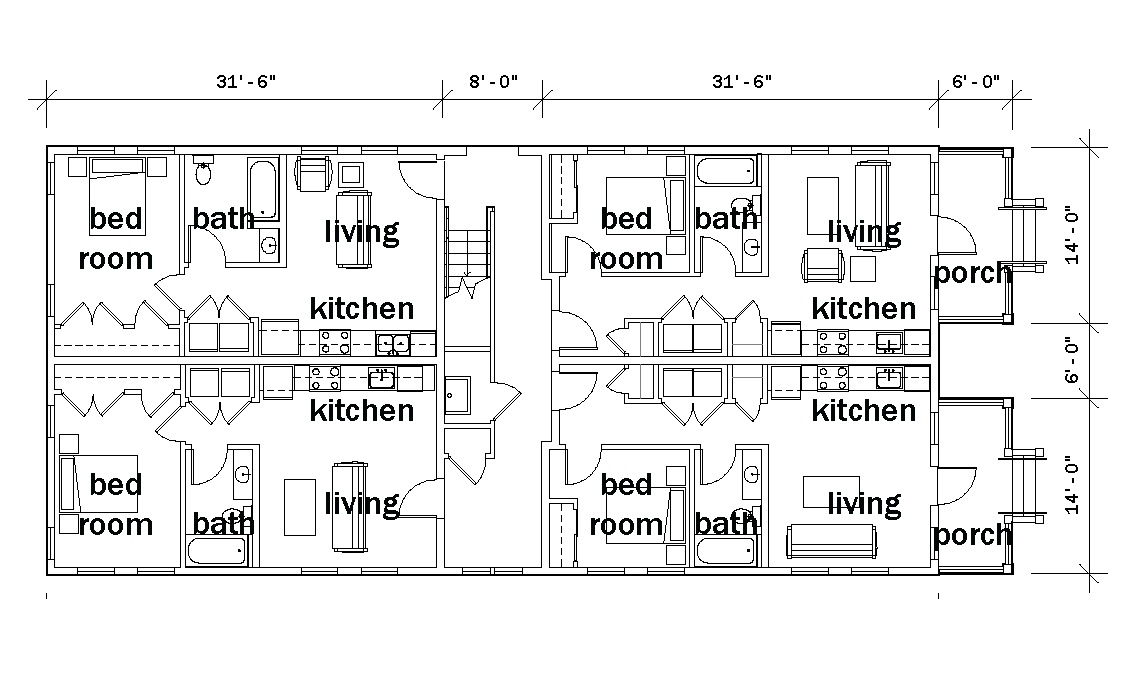 Floor plan of a building with labeled rooms and dimensions, designed by KUA