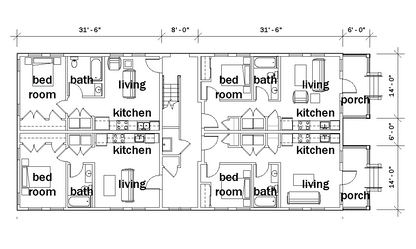Floor plan of a building with labeled rooms and dimensions, designed by KUA
