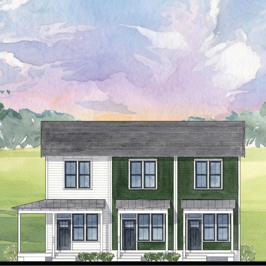Watercolor-style rendering of a two-story house with dark green and white exterior walls, gray roof, and a grassy landscape under a blue and pink sky.