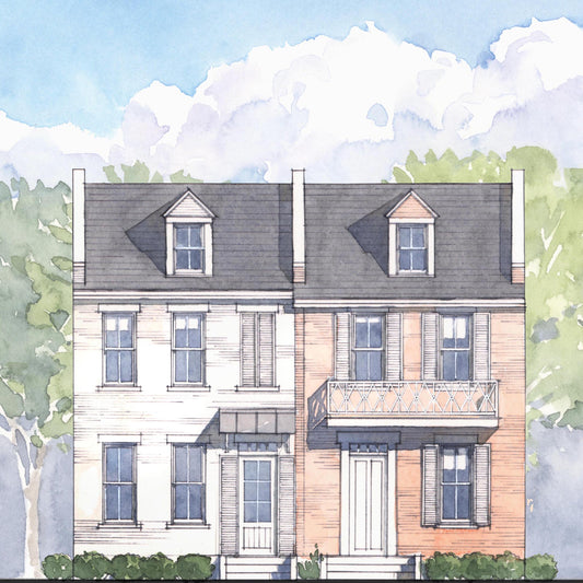 Illustration of a two-story house with a balcony and dormer windows against a blue sky.