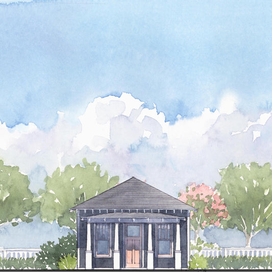 Illustration of a small house with trees and a clear sky