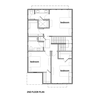 architectural floor plan sheet showing second floor with stairs, two bedrooms in the front of the house and a large primary suite with walk-in closet and a double-sink vanity and separate toilet room