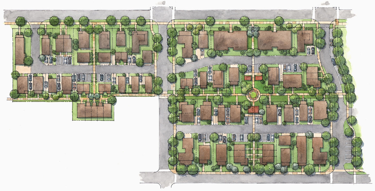 Birdseye architectural rendering of the Hopewell South neighborhood showing multiple residential units with trees, roads, parking, and landscaping 