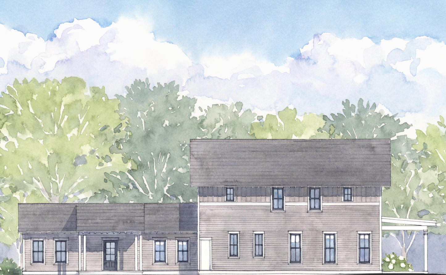 Illustration of the side elevation of a two-story house with a gray roof and white walls, surrounded by trees.