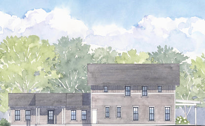 Illustration of the side elevation of a two-story house with a gray roof and white walls, surrounded by trees.