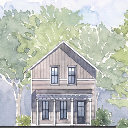 Rendered view of a two story house with trees in the background