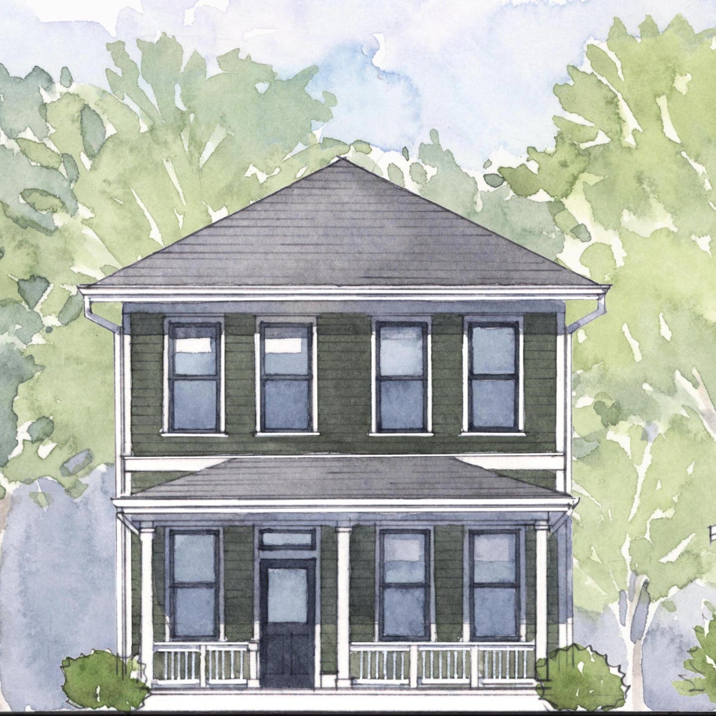 Rendered image of a two story house with green exterior and gray roof, surrounded by trees and a blue sky.