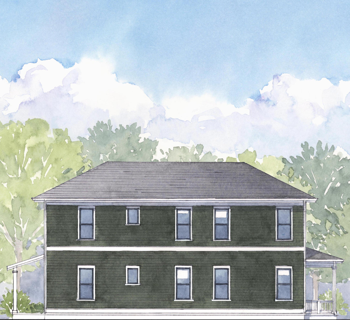 Rendered image of the side elevation of a two story house surrounded by trees and a blue sky.