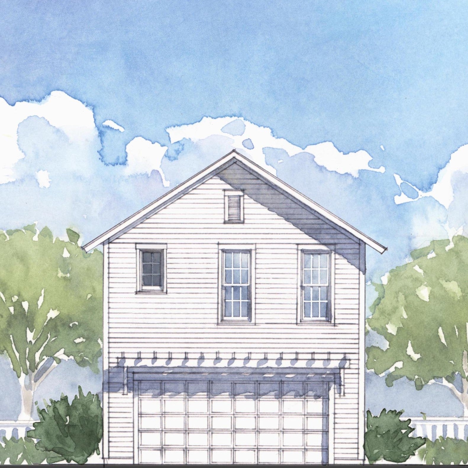 Illustration of a two-story house with a garage against a blue sky with clouds.