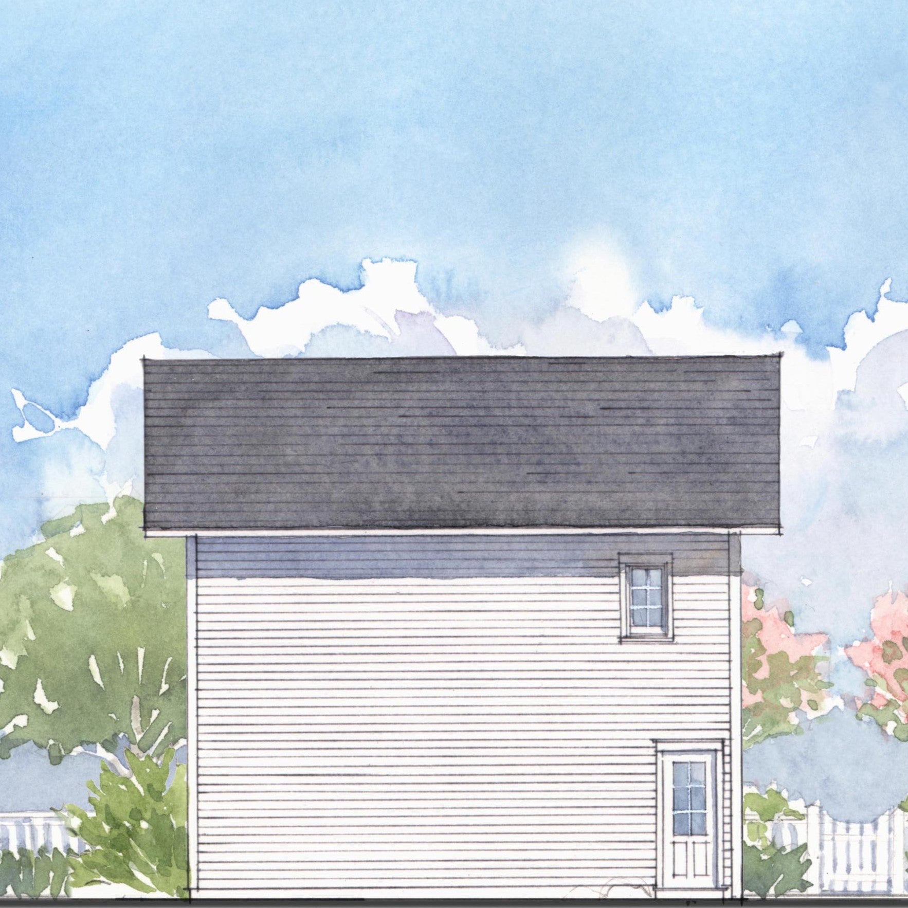 Illustration of a house with a gray roof against a blue sky with clouds.