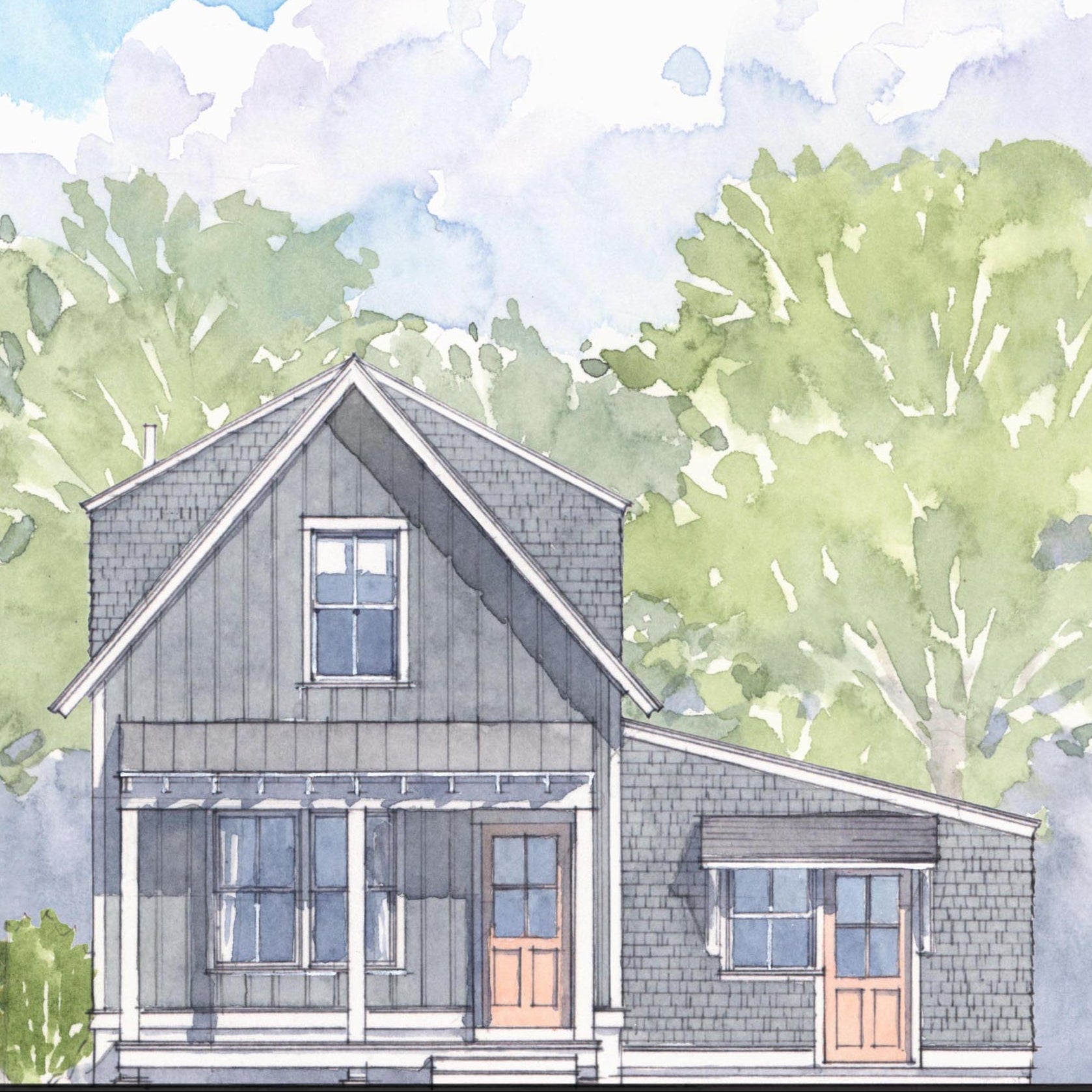 Illustration of a house with a gray exterior and white trim, surrounded by green trees.