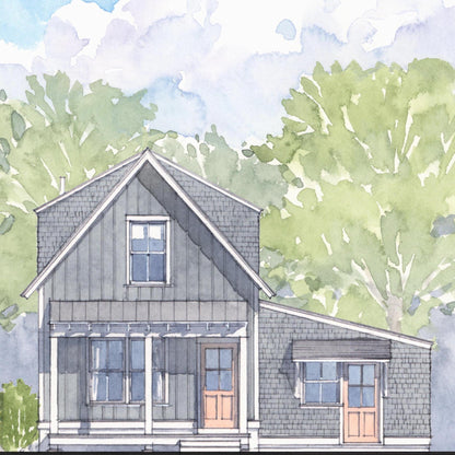Illustration of a house with a gray exterior and white trim, surrounded by green trees.
