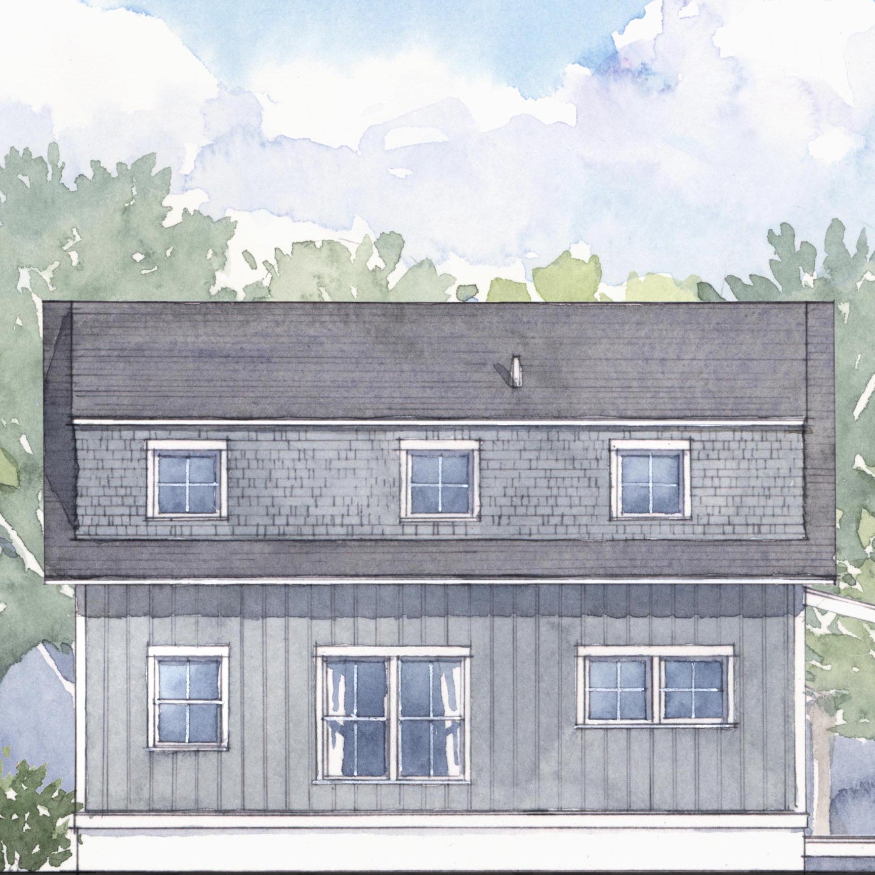 Rendered side view of a two story house with trees and clear sky