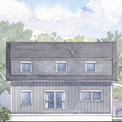 Rendered side view of a two story house with trees and clear sky