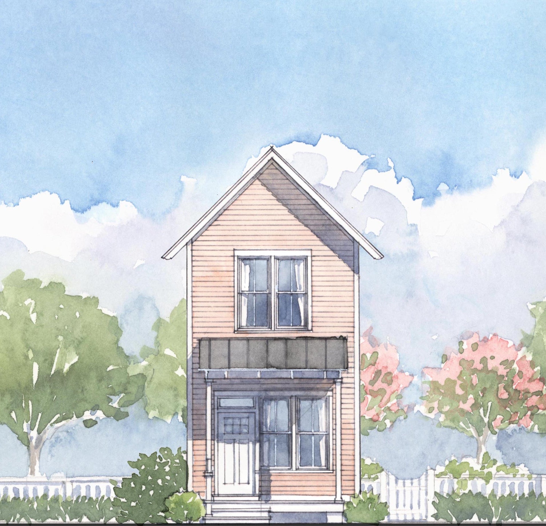 Illustration of a small house with trees and a blue sky