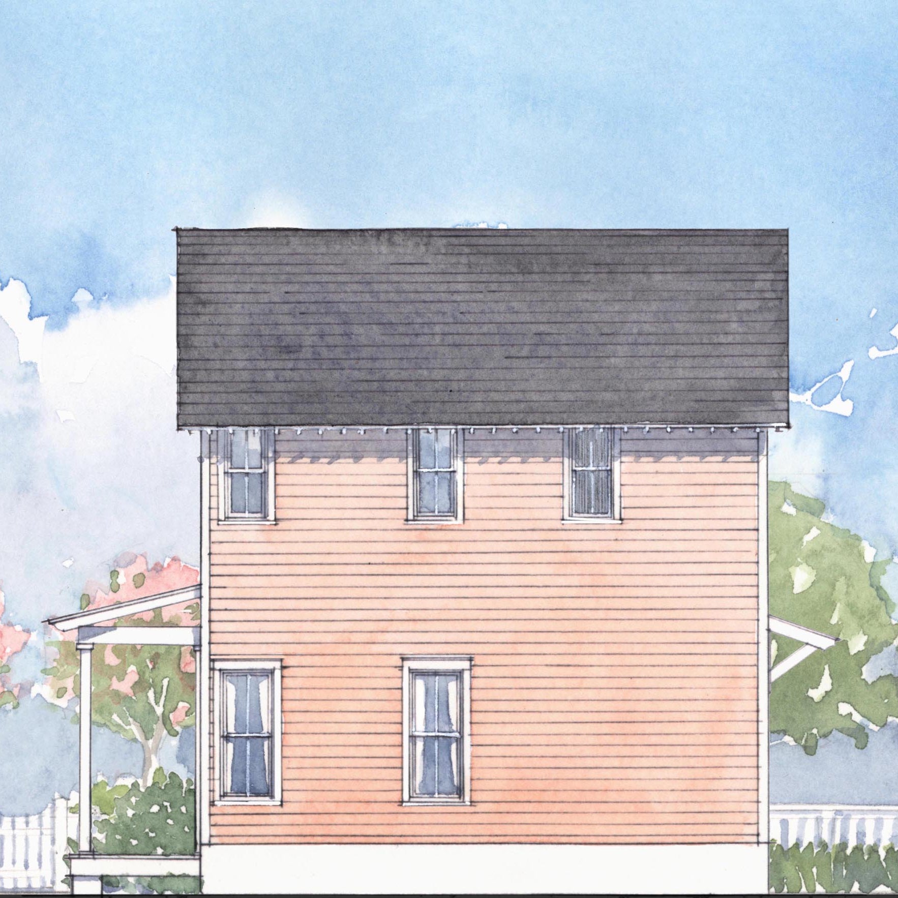 Side elevation of a two story house with front porch