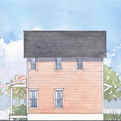Side elevation of a two story house with front porch